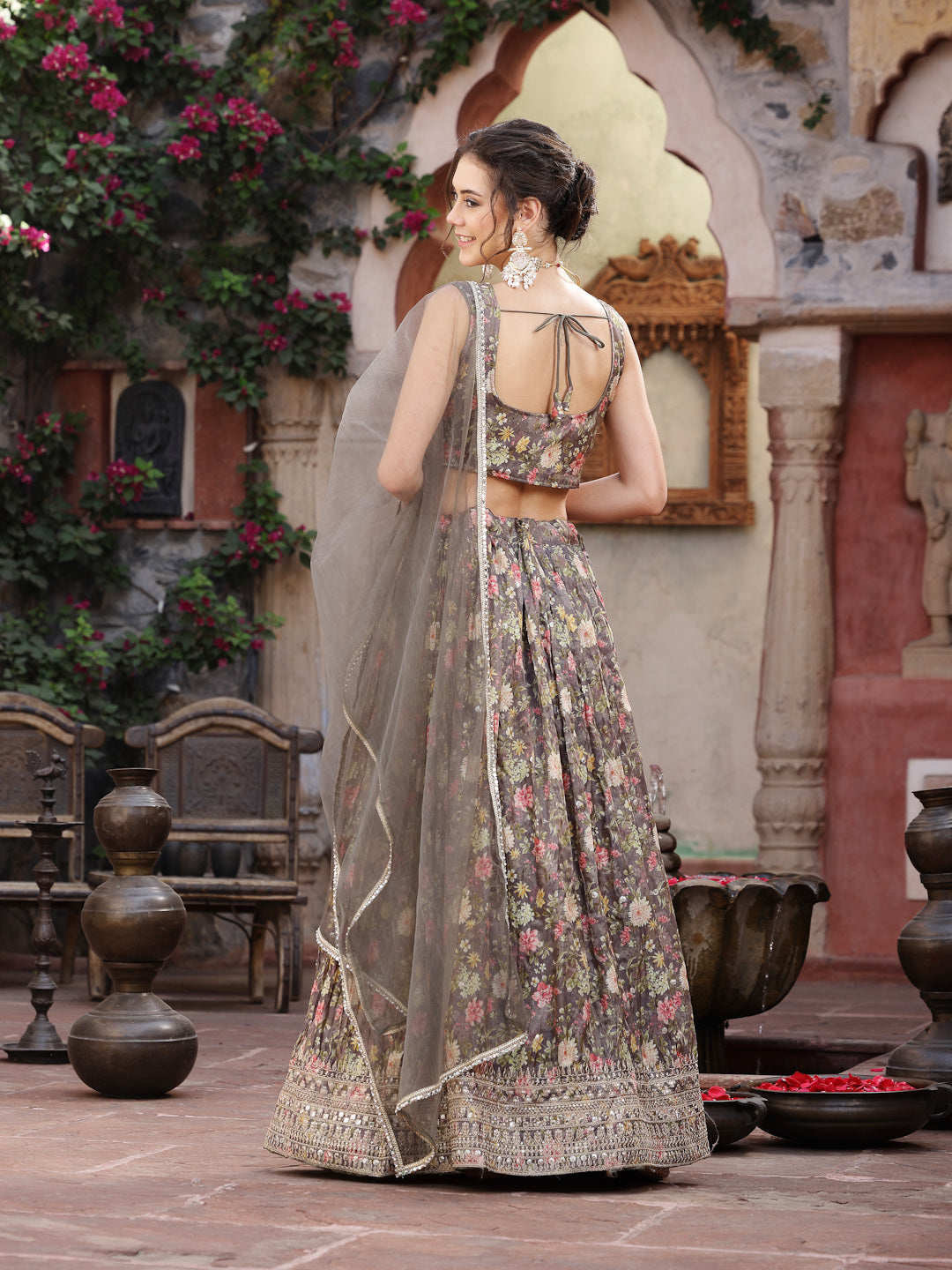 Floral Printed & Embroidered Silk Blend Lehenga Dupatta With Blouse (Pre-Order)