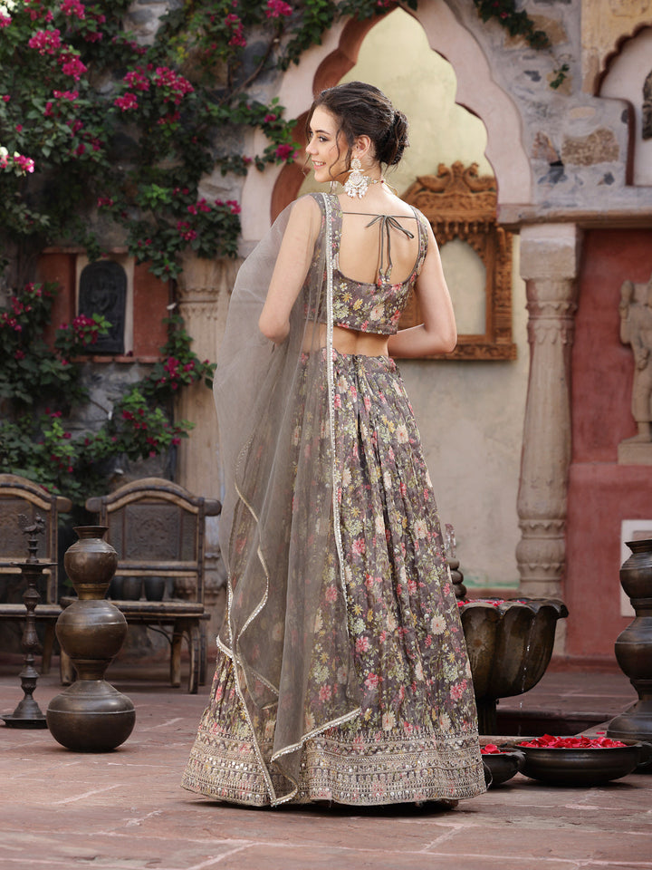 Floral Printed &amp; Embroidered Silk Blend Lehenga Dupatta With Blouse