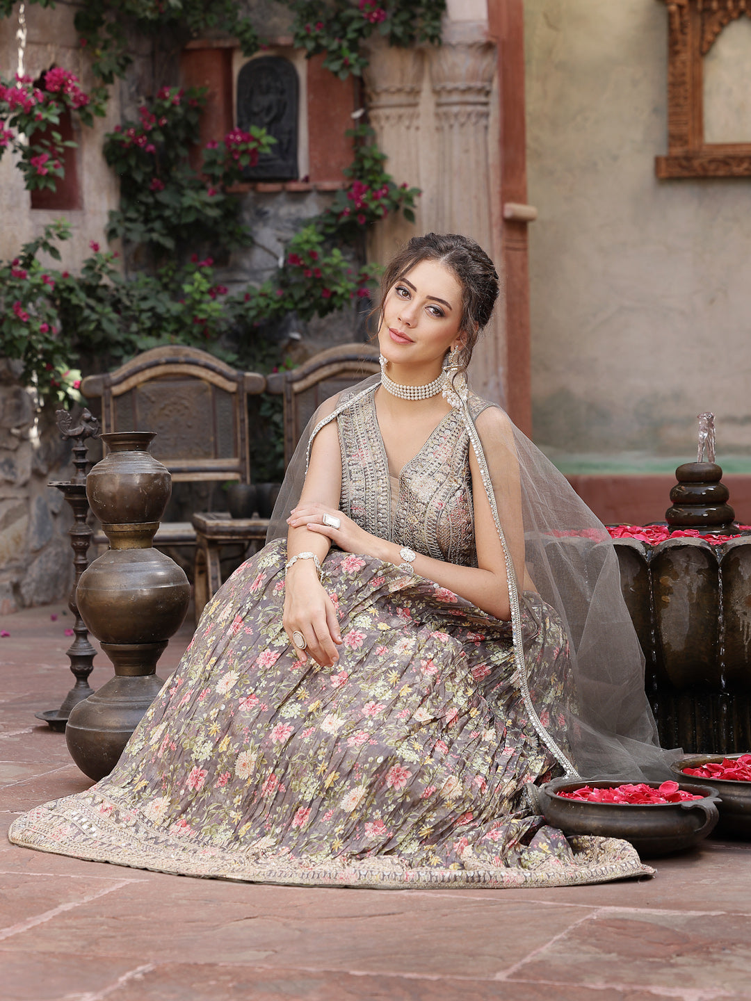 Floral Printed &amp; Embroidered Silk Blend Lehenga Dupatta With Blouse