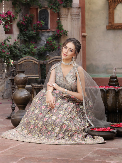 Floral Printed & Embroidered Silk Blend Lehenga Dupatta With Blouse