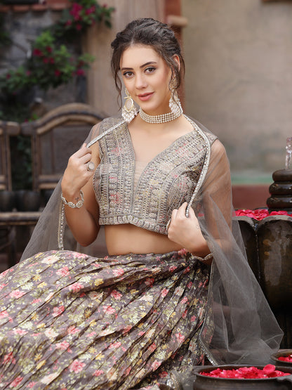 Floral Printed & Embroidered Silk Blend Lehenga Dupatta With Blouse (Pre-Order)