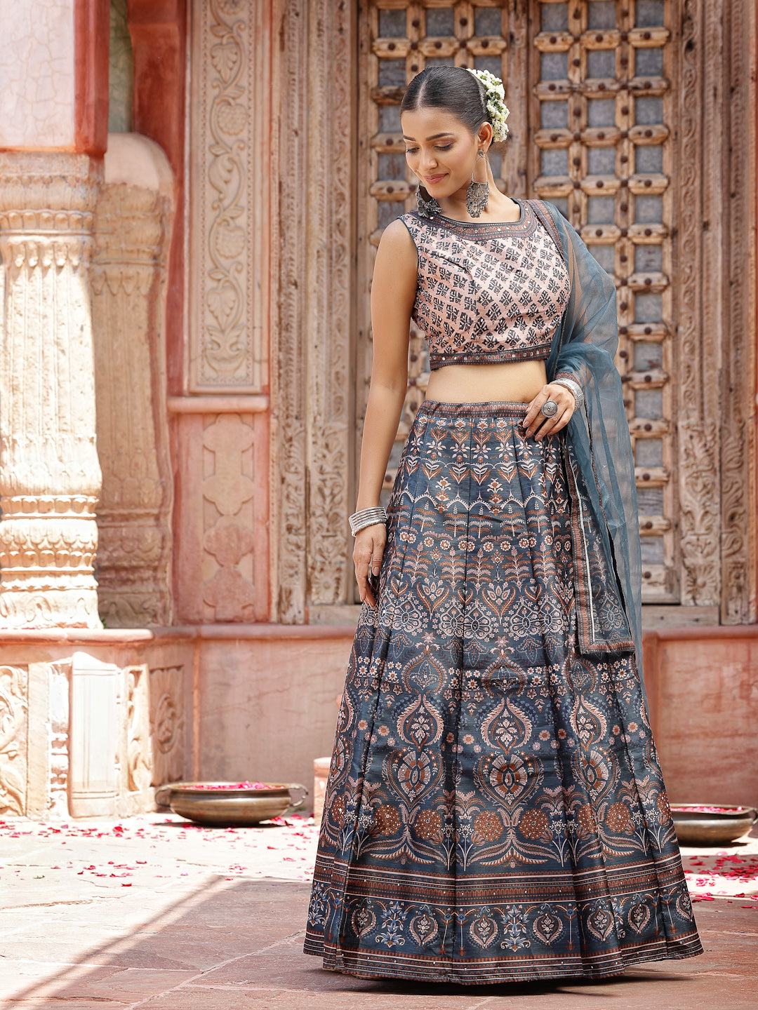 Printed Silk Blend Lehenga Dupatta With Blouse