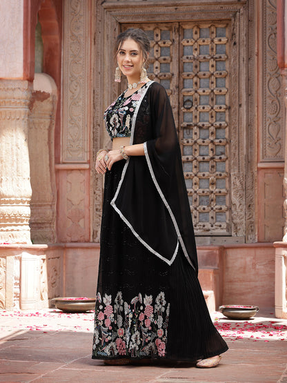Solid & Embroidered Georgette Lehenga Dupatta With Blouse (Pre-Order)
