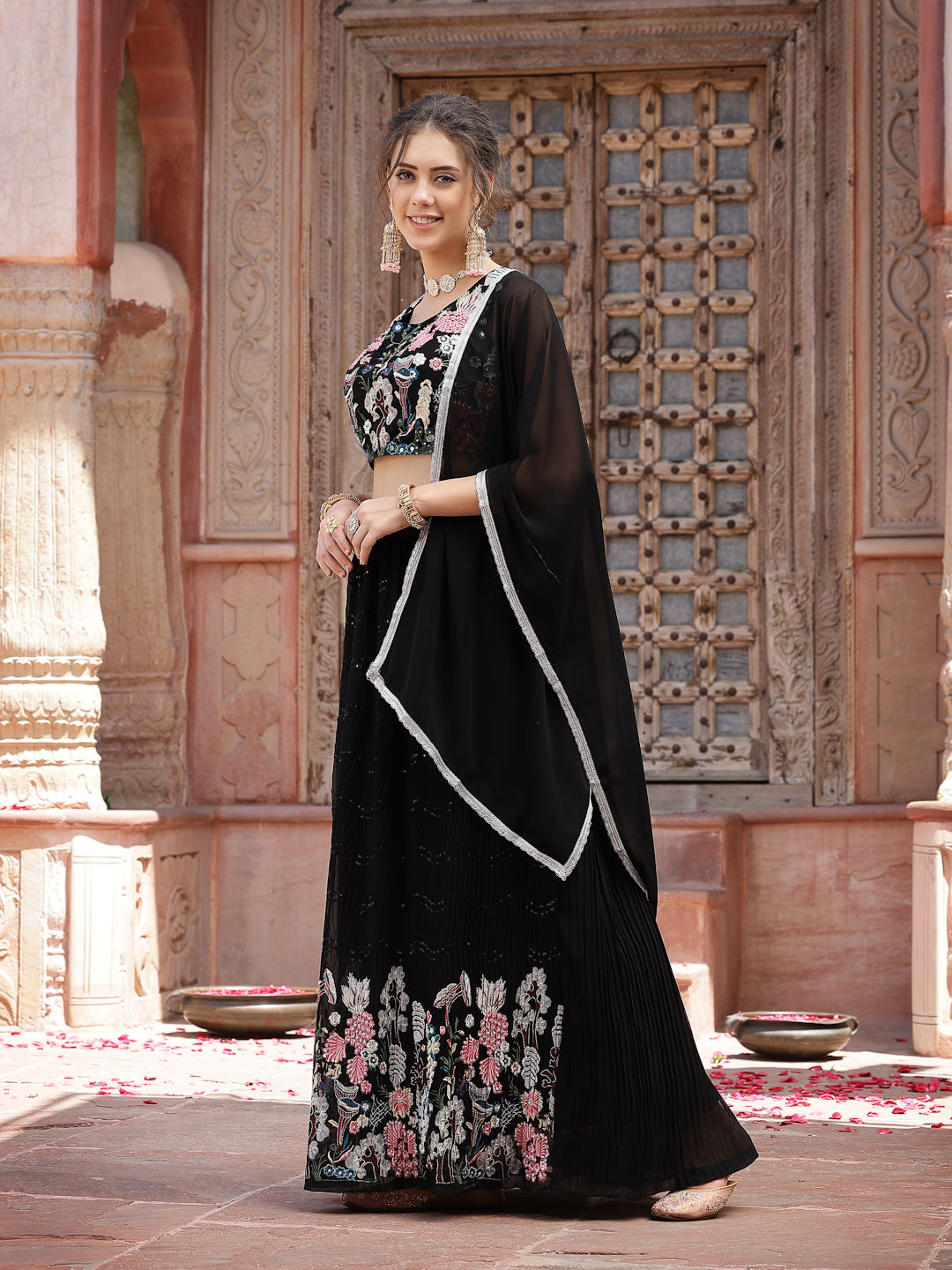 Solid &amp; Embroidered Georgette Lehenga Dupatta With Blouse