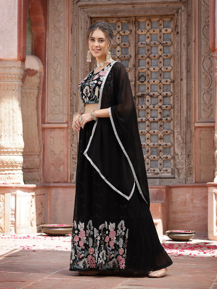 Solid &amp; Embroidered Georgette Lehenga Dupatta With Blouse