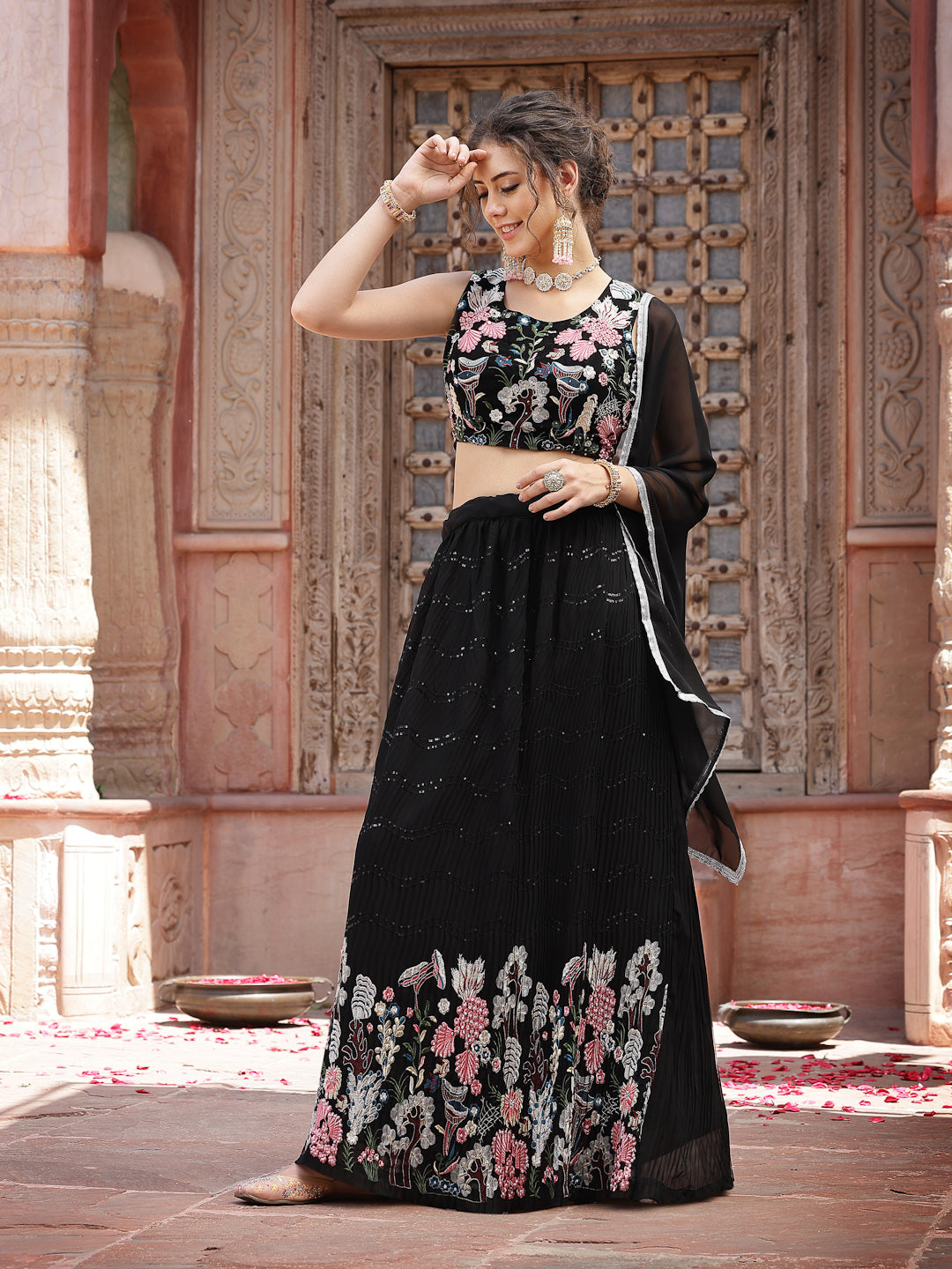 Solid &amp; Embroidered Georgette Lehenga Dupatta With Blouse