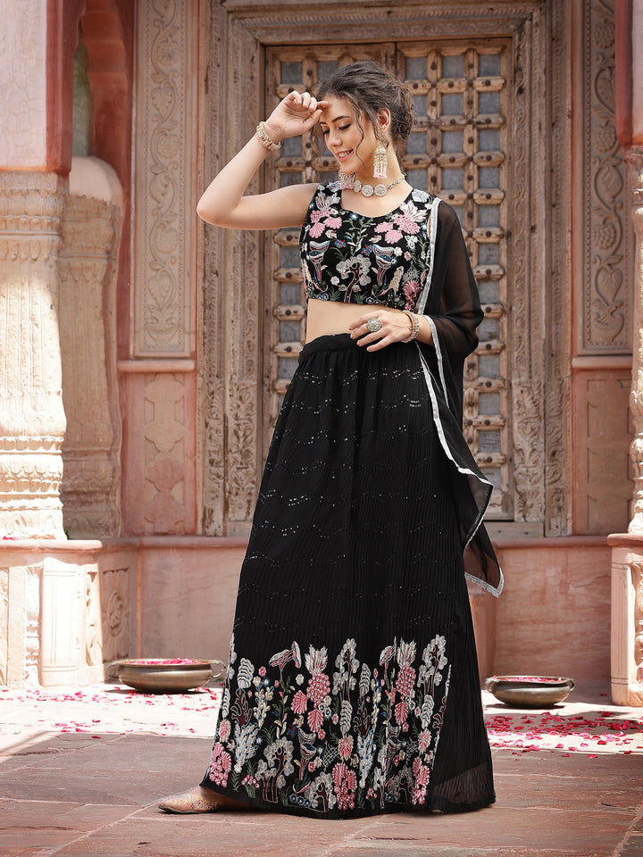Solid &amp; Embroidered Georgette Lehenga Dupatta With Blouse