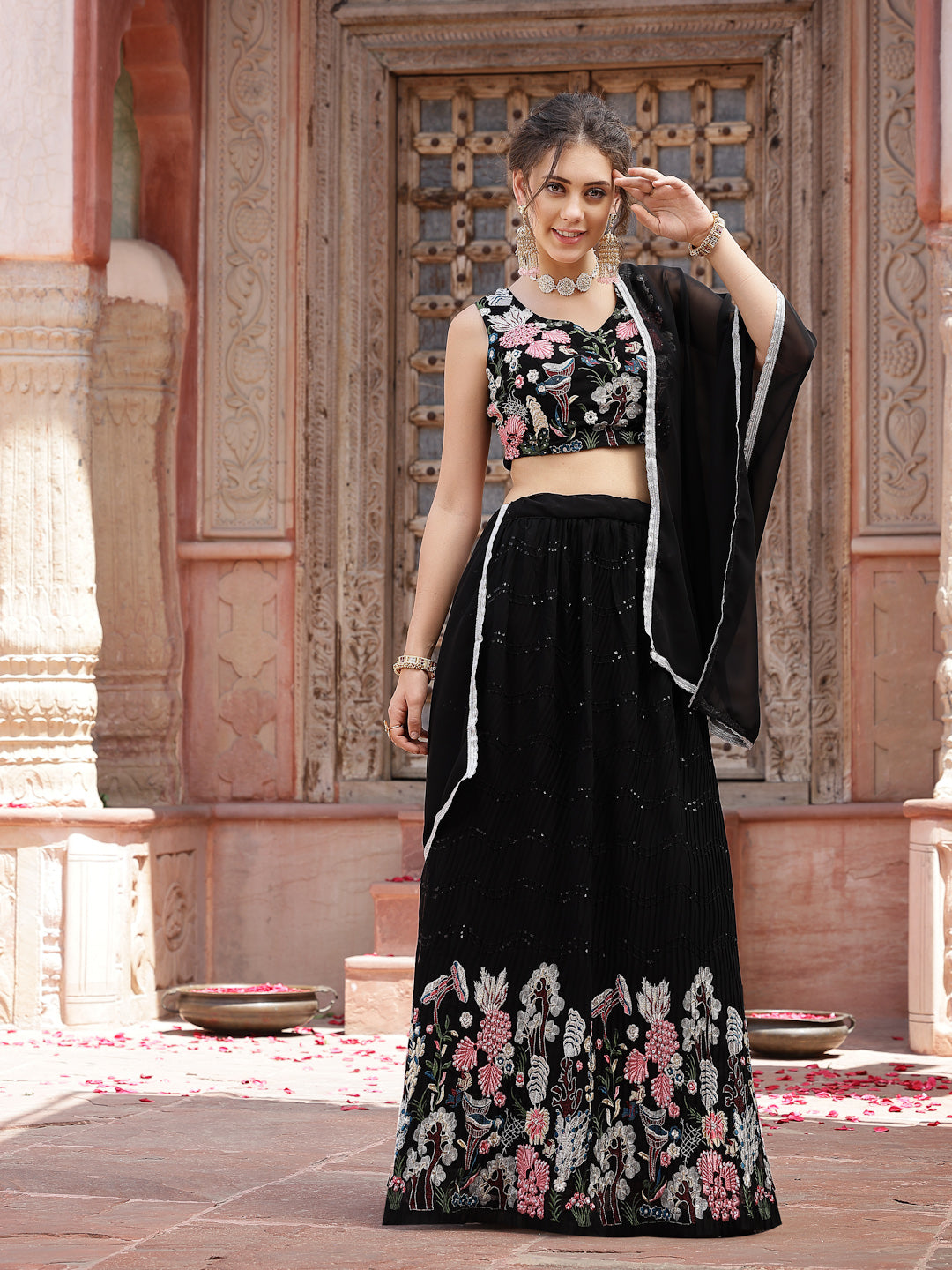 Solid &amp; Embroidered Georgette Lehenga Dupatta With Blouse