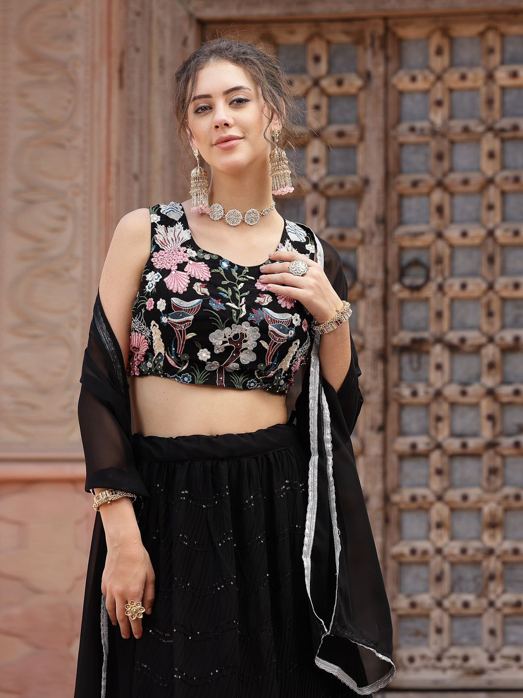 Solid & Embroidered Georgette Lehenga Dupatta With Blouse (Pre-Order)