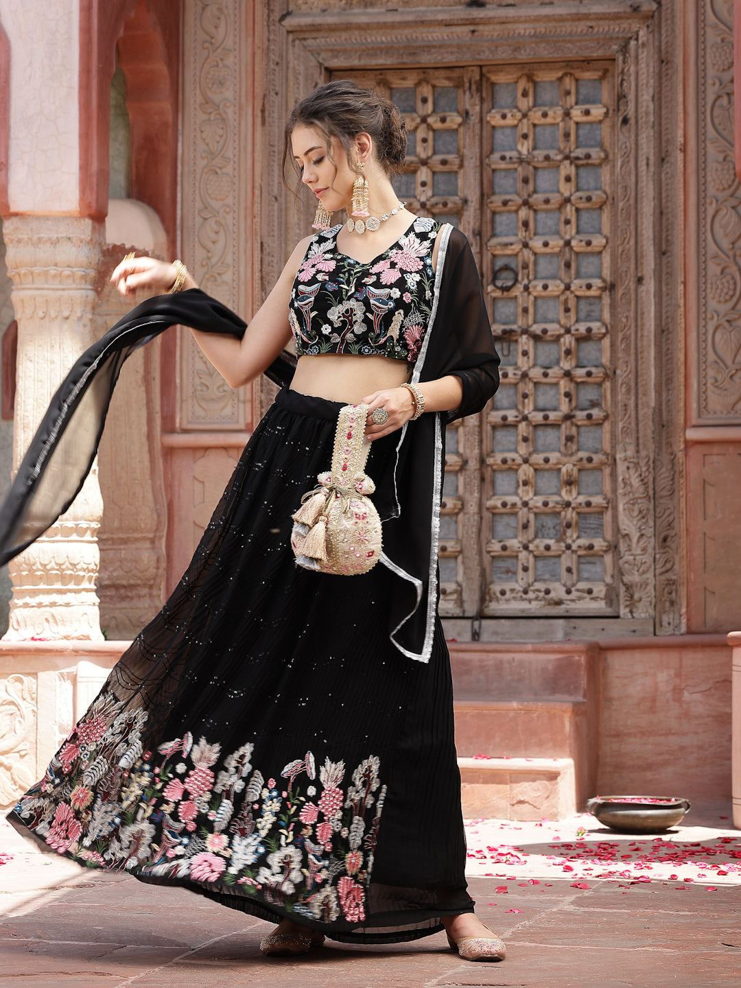 Solid &amp; Embroidered Georgette Lehenga Dupatta With Blouse