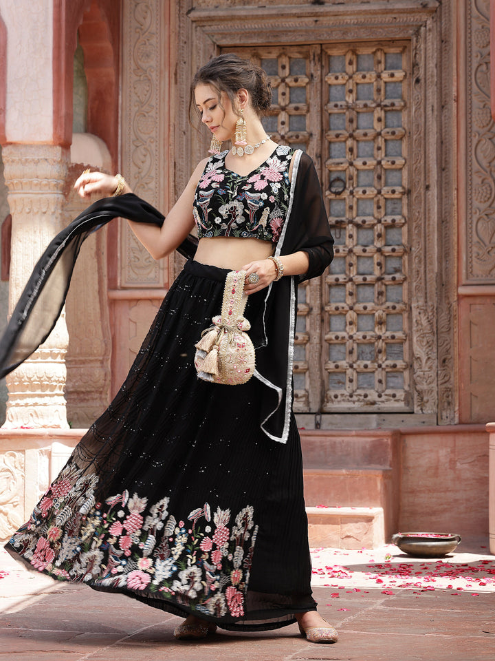 Solid &amp; Embroidered Georgette Lehenga Dupatta With Blouse