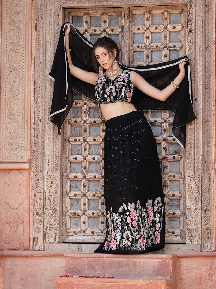 Solid &amp; Embroidered Georgette Lehenga Dupatta With Blouse