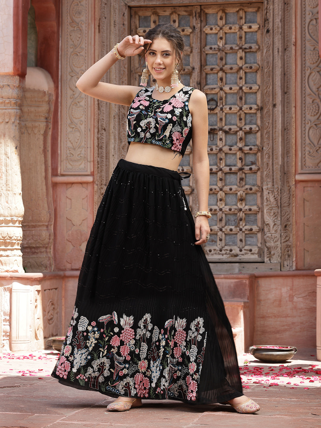 Solid & Embroidered Georgette Lehenga Dupatta With Blouse (Pre-Order)