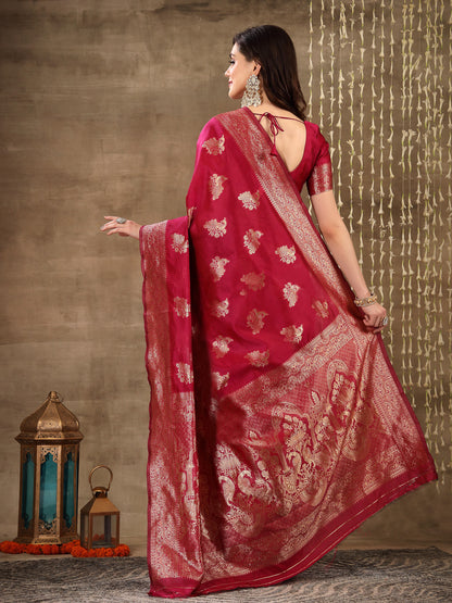 Ethnic Motifs Woven Design Zari Silk Blend Banarasi Saree