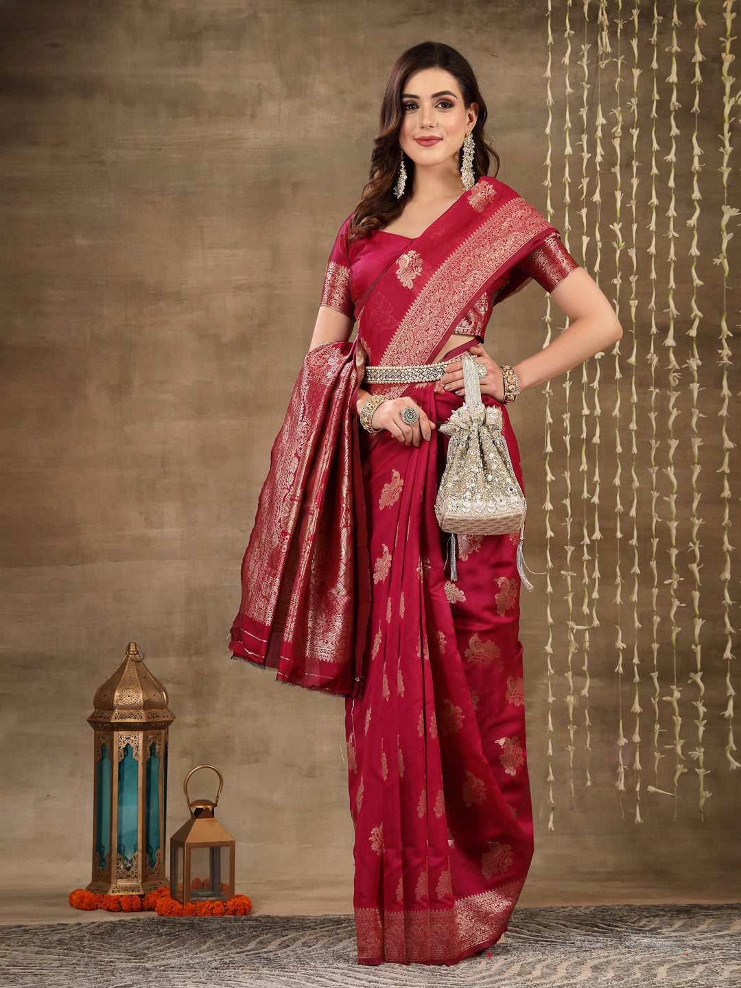 Ethnic Motifs Woven Design Zari Silk Blend Banarasi Saree
