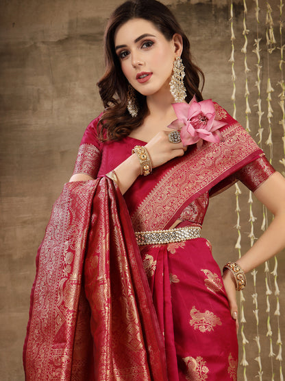 Ethnic Motifs Woven Design Zari Silk Blend Banarasi Saree