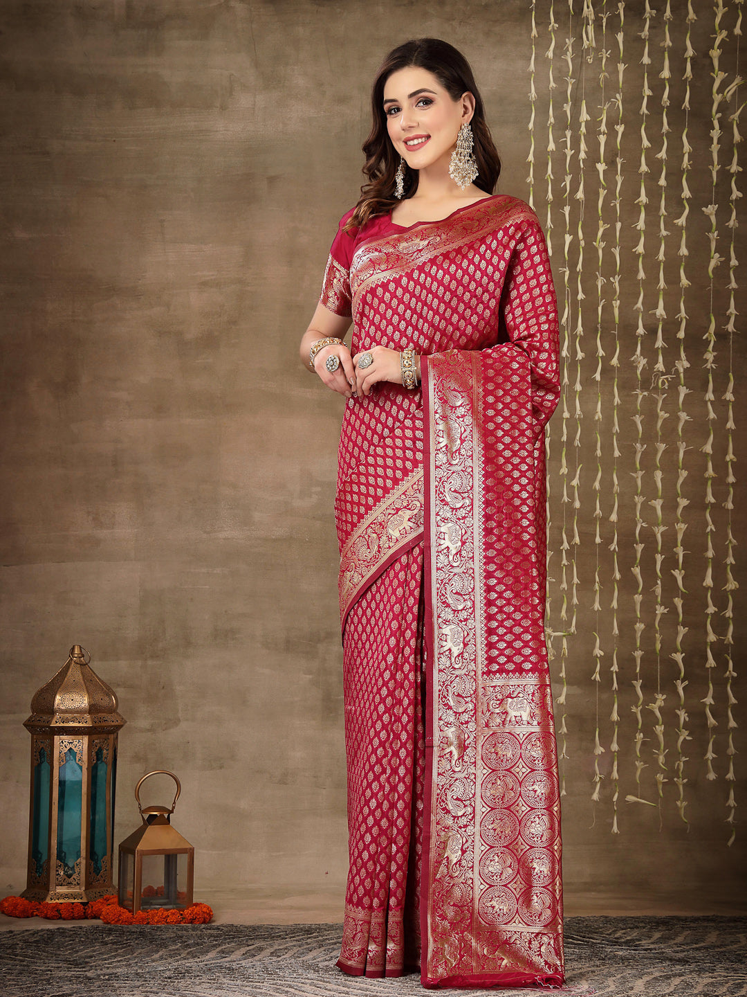 Ethnic Motifs Woven Design Zari Silk Blend Banarasi Saree