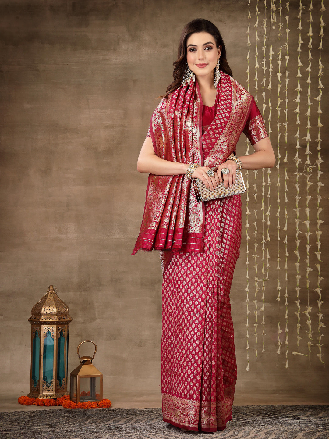Ethnic Motifs Woven Design Zari Silk Blend Banarasi Saree
