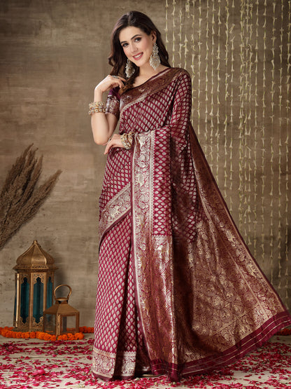 Ethnic Motifs Woven Design Zari Silk Blend Banarasi Saree