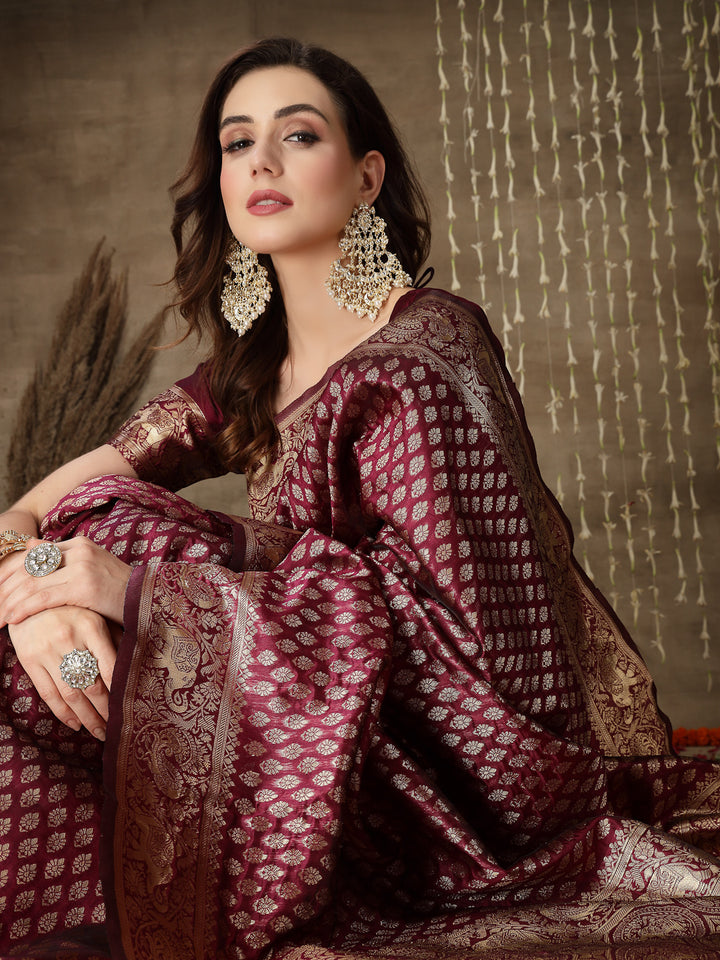 Ethnic Motifs Woven Design Zari Silk Blend Banarasi Saree