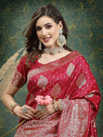 Ethnic Motifs Woven Design Zari Silk Blend Banarasi Saree