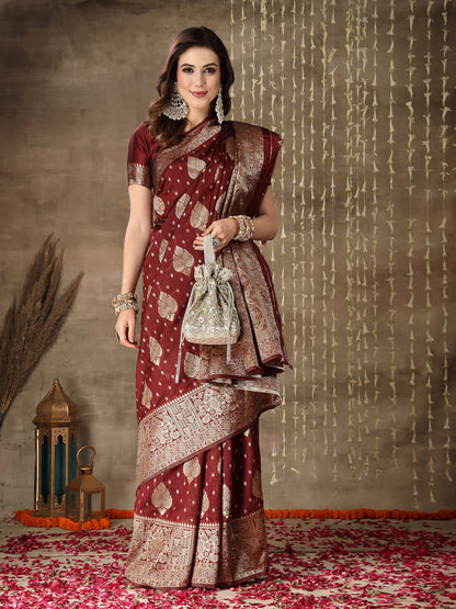 Ethnic Motifs Woven Design Zari Silk Blend Banarasi Saree
