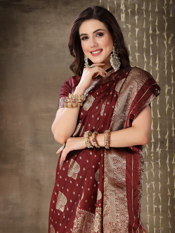 Ethnic Motifs Woven Design Zari Silk Blend Banarasi Saree