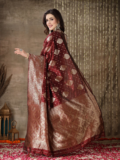 Ethnic Motifs Woven Design Zari Silk Blend Banarasi Saree