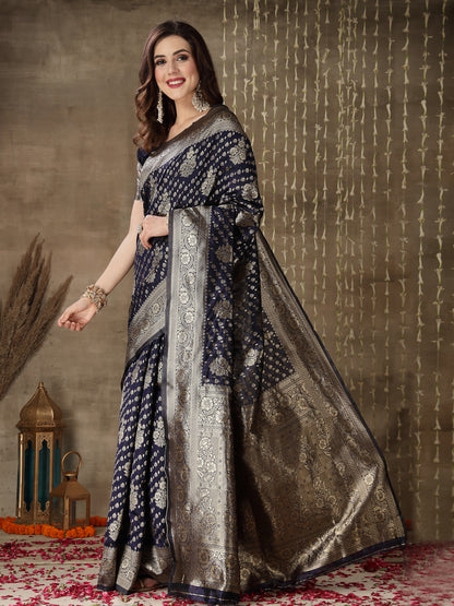 Ethnic Motifs Woven Design Zari Silk Blend Banarasi Saree