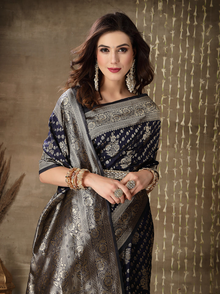 Ethnic Motifs Woven Design Zari Silk Blend Banarasi Saree