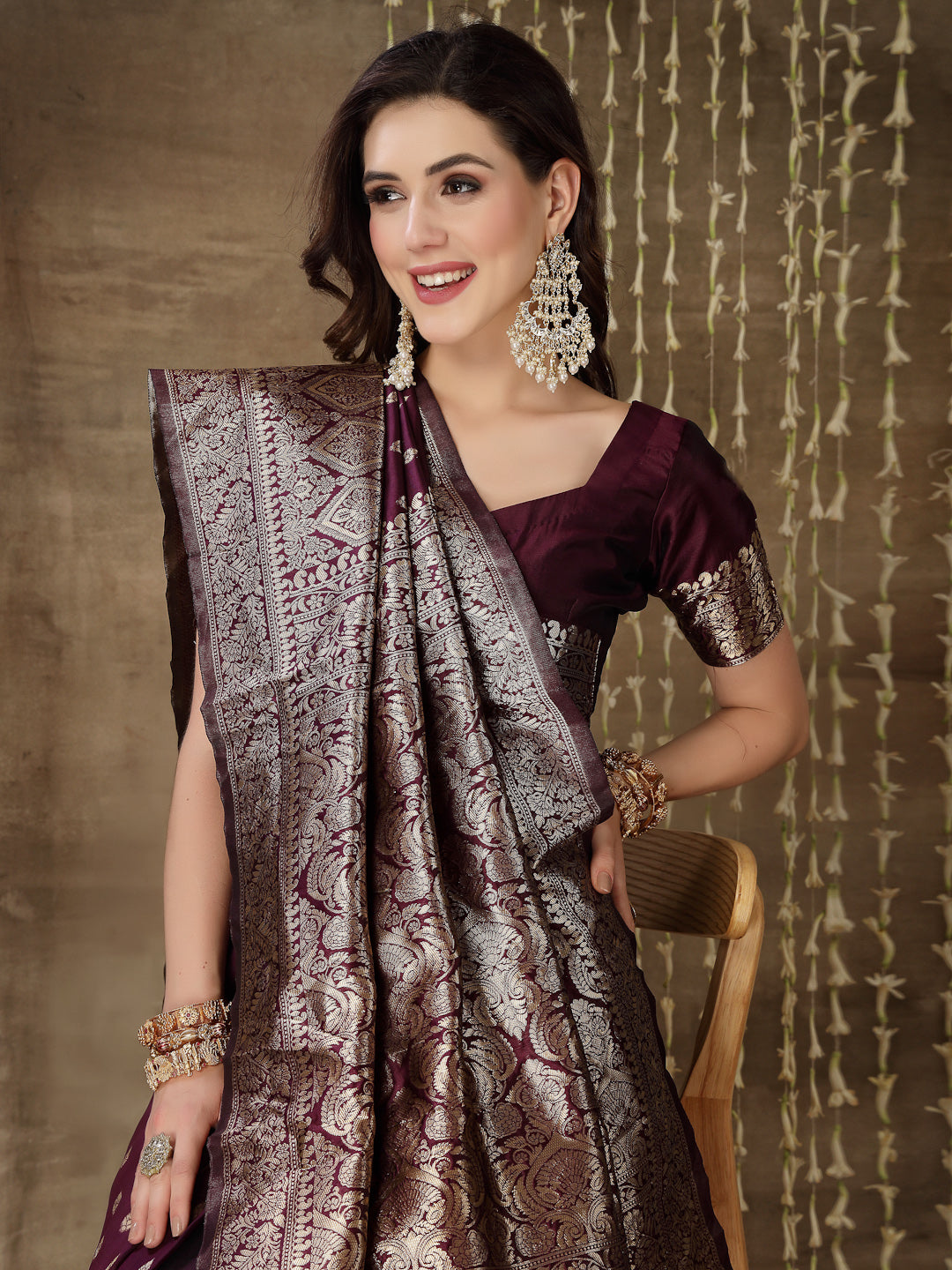 Ethnic Motifs Woven Design Zari Silk Blend Banarasi Saree