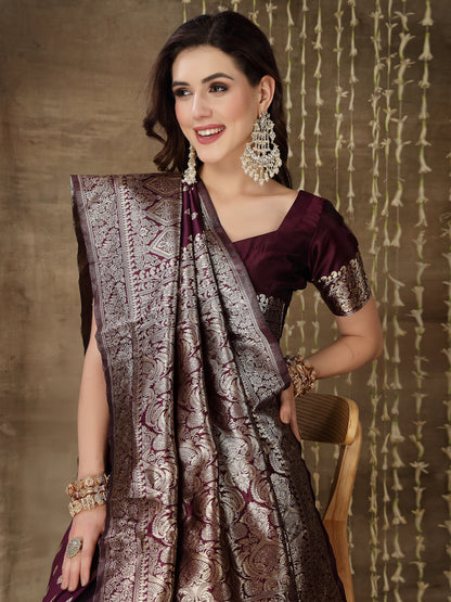 Ethnic Motifs Woven Design Zari Silk Blend Banarasi Saree