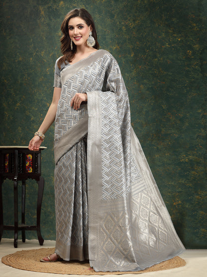 Ethnic Motifs Woven Design Zari Linen Blend Banarasi Saree