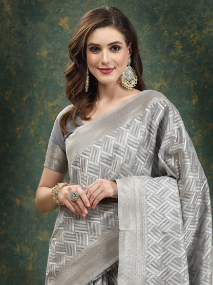 Ethnic Motifs Woven Design Zari Linen Blend Banarasi Saree