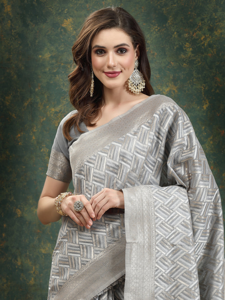 Ethnic Motifs Woven Design Zari Linen Blend Banarasi Saree