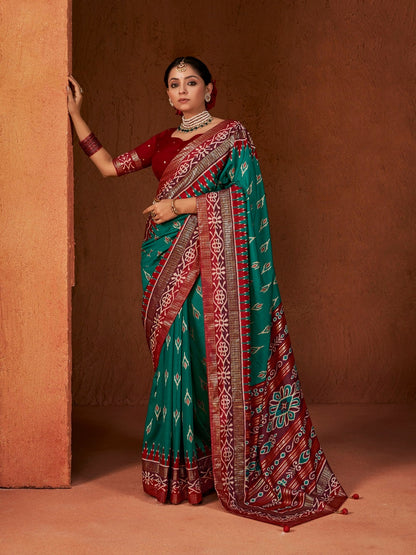Ikat Printed Zari Border Silk Saree (Pre-Order)