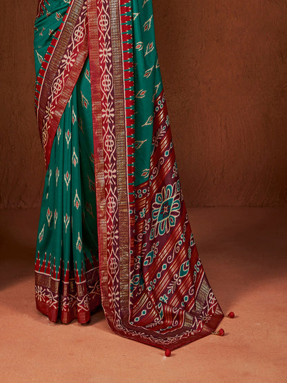 Ikat Printed Zari Border Silk Saree (Pre-Order)