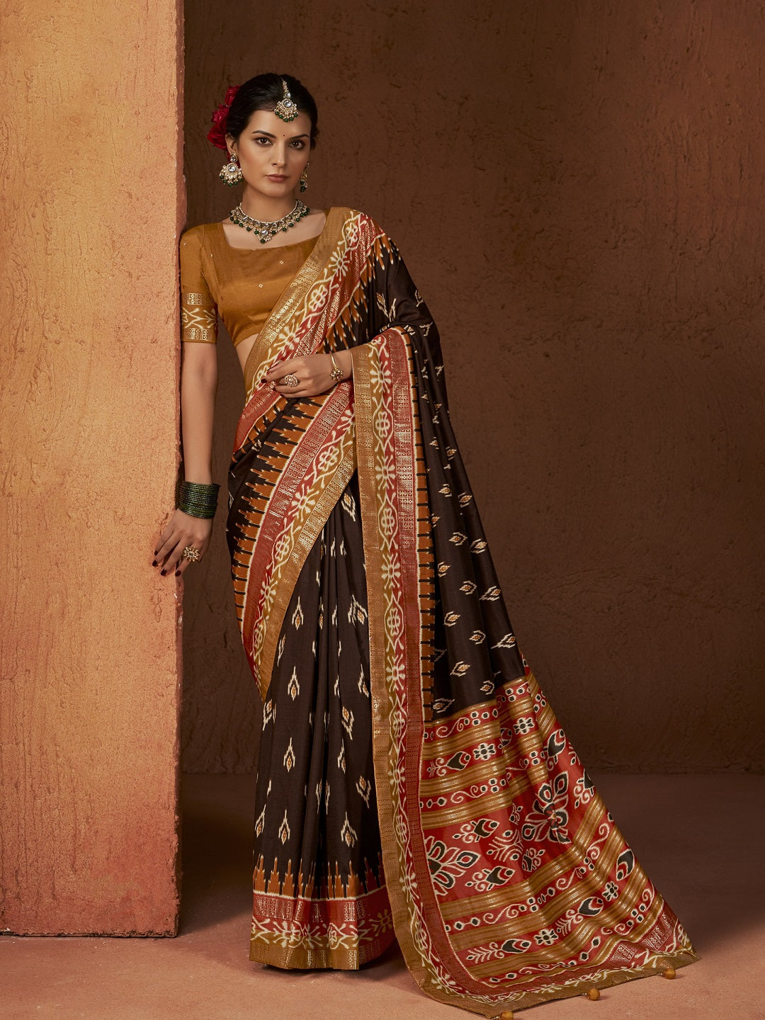 Ikat Printed Zari Border Silk Saree (Pre-Order)