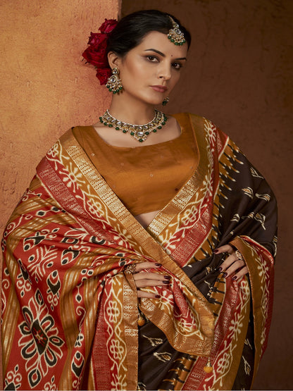 Ikat Printed Zari Border Silk Saree (Pre-Order)