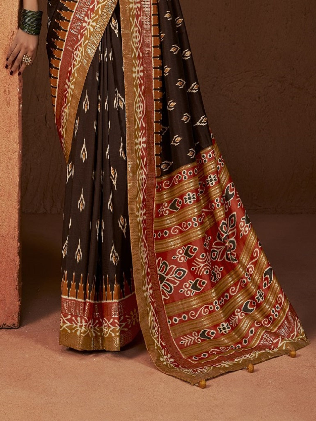 Ikat Printed Zari Border Silk Saree (Pre-Order)