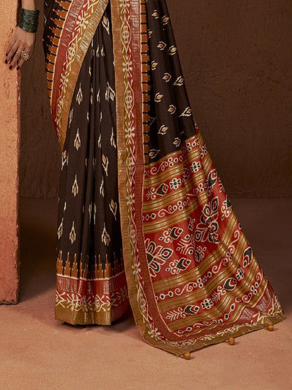 Ikat Printed Zari Border Silk Saree (Pre-Order)