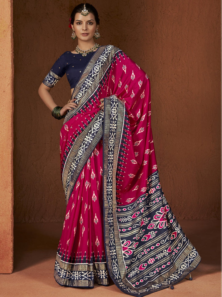Ikat Printed Zari Border Silk Saree
