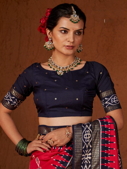 Ikat Printed Zari Border Silk Saree (Pre-Order)