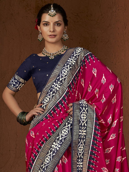 Ikat Printed Zari Border Silk Saree