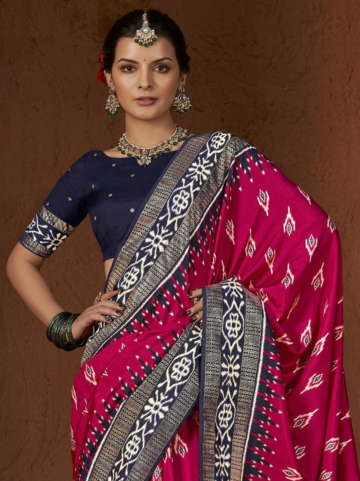 Ikat Printed Zari Border Silk Saree