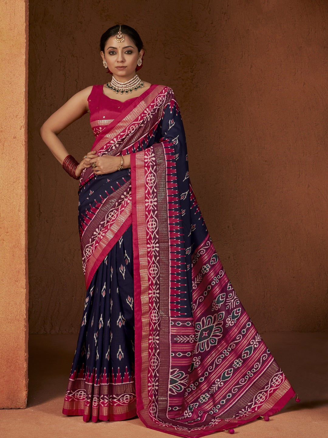 Ikat Printed Zari Border Silk Saree (Pre-Order)