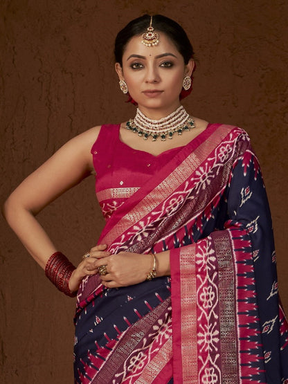 Ikat Printed Zari Border Silk Saree (Pre-Order)