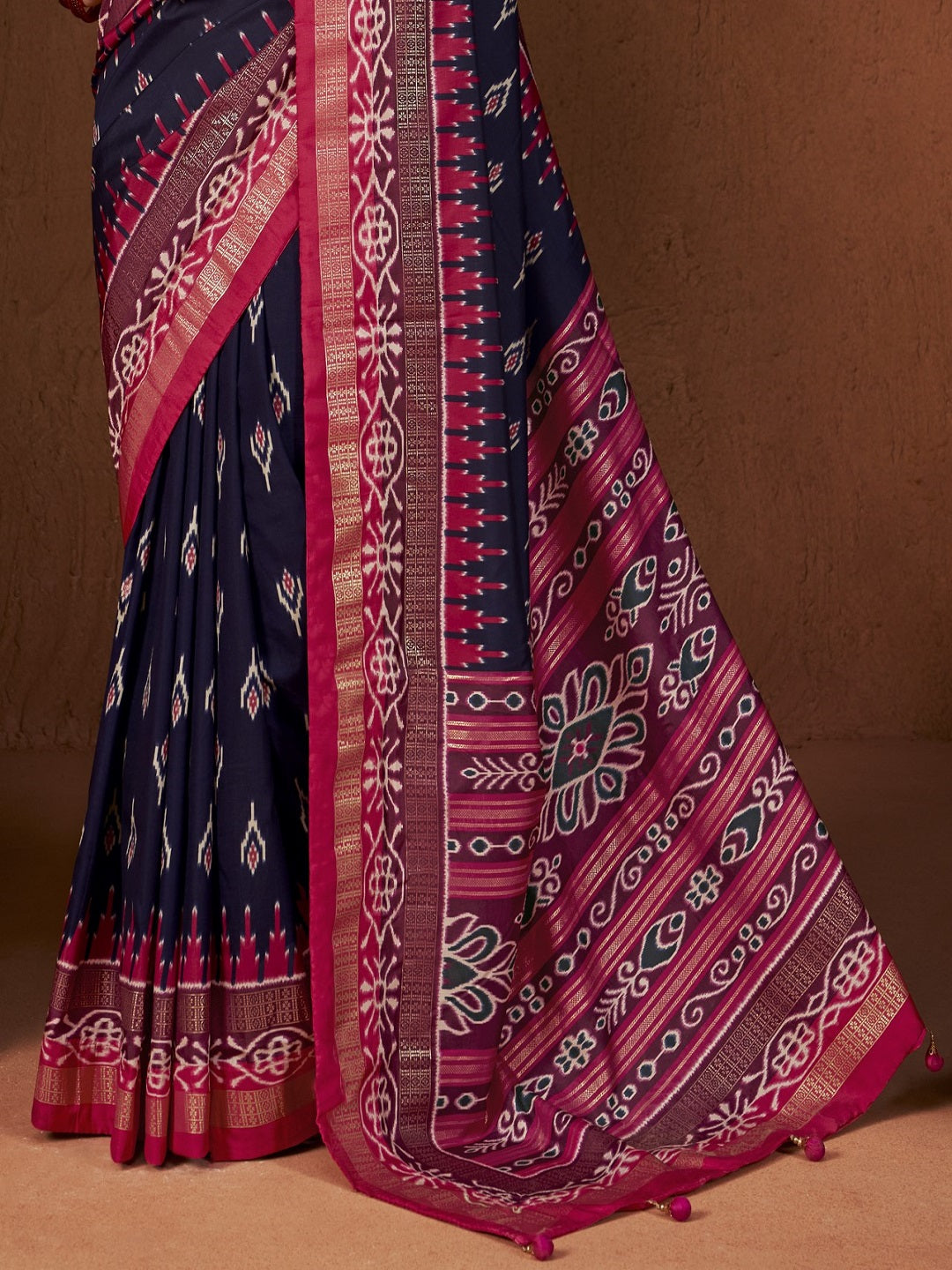 Ikat Printed Zari Border Silk Saree (Pre-Order)