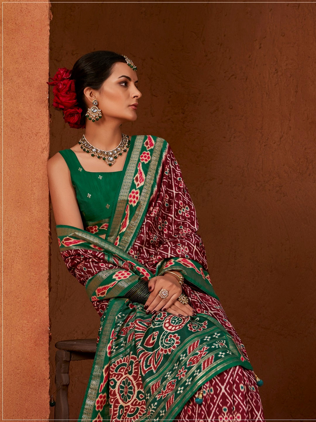 Ikat Printed Zari Border Silk Saree (Pre-Order)