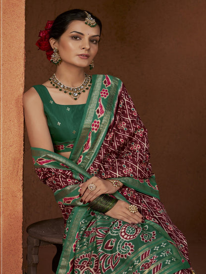 Ikat Printed Zari Border Silk Saree (Pre-Order)